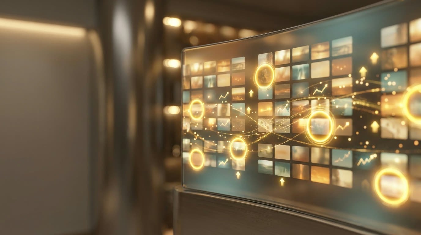 A grid of dozens of ad creative variations, with winning concepts highlighted in gold.